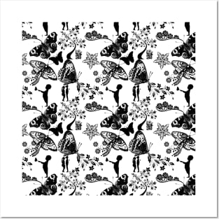 Sketch Butterflies and Flowers Black and White Pattern Posters and Art